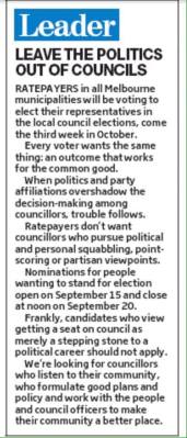 The Port Phillip Leader editorial this week is spot on! Proud to be 100% independent, fully committed to my community and our city.